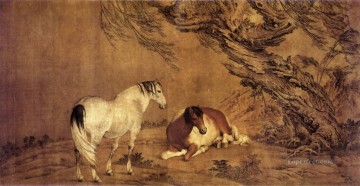  Castiglione Arte - Lang brillando 2 caballos bajo la sombra de un sauce tinta china antigua Giuseppe Castiglione